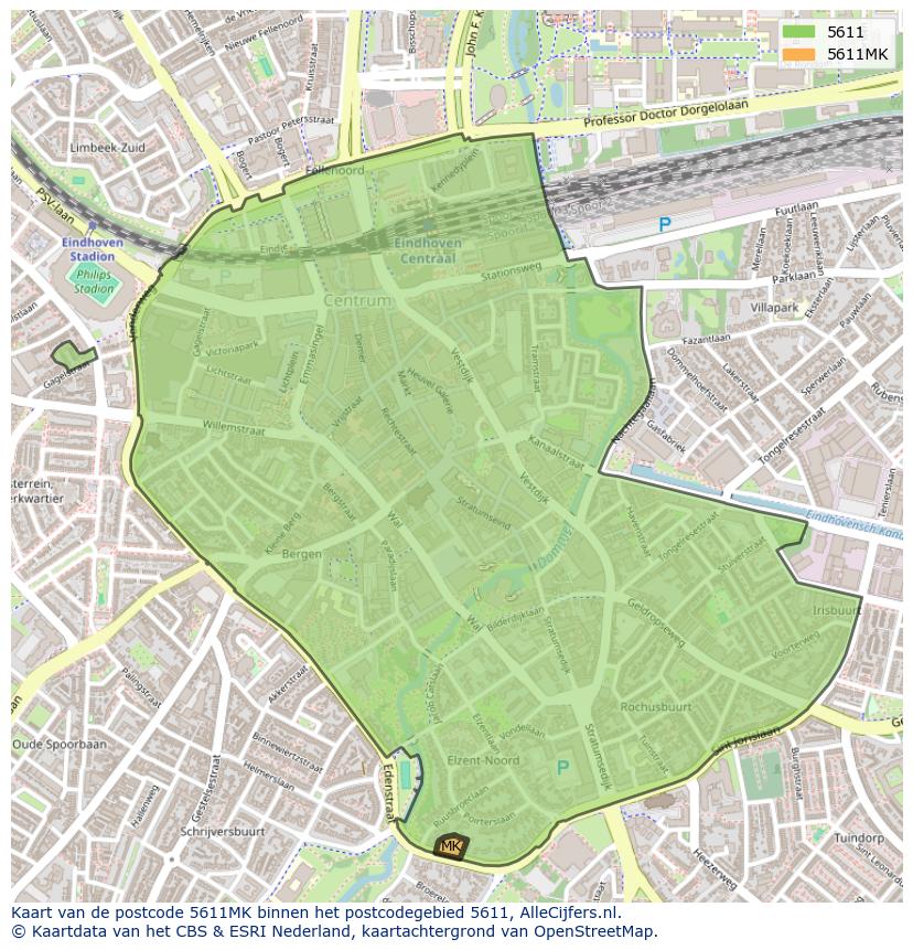 Afbeelding van het postcodegebied 5611 MK op de kaart.