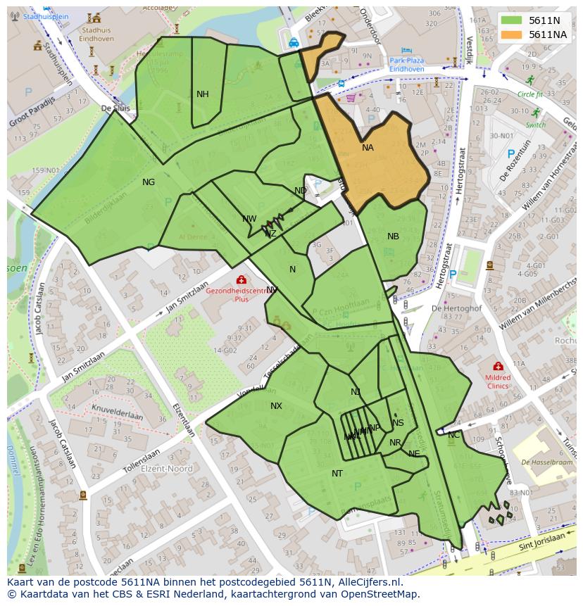 Afbeelding van het postcodegebied 5611 NA op de kaart.