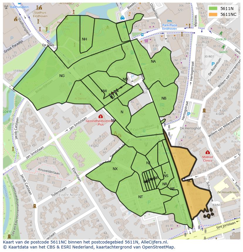 Afbeelding van het postcodegebied 5611 NC op de kaart.