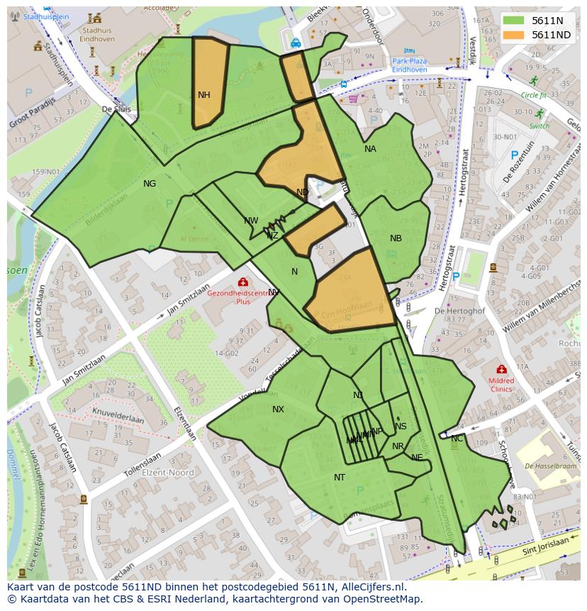 Afbeelding van het postcodegebied 5611 ND op de kaart.