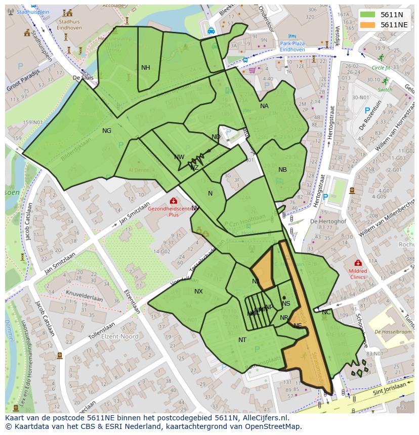 Afbeelding van het postcodegebied 5611 NE op de kaart.