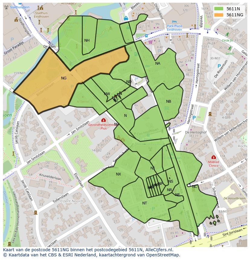 Afbeelding van het postcodegebied 5611 NG op de kaart.