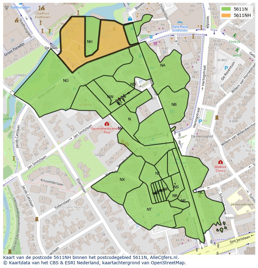 Afbeelding van het postcodegebied 5611 NH op de kaart.