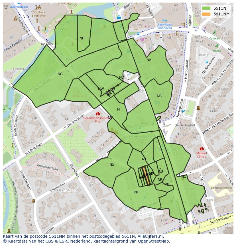 Afbeelding van het postcodegebied 5611 NM op de kaart.
