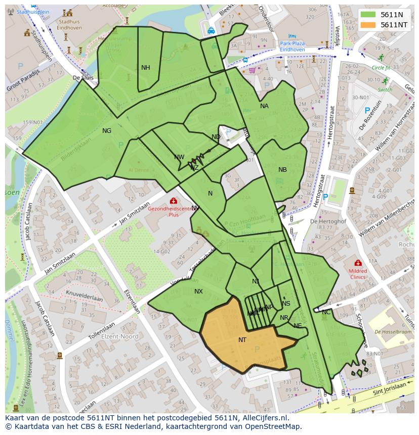 Afbeelding van het postcodegebied 5611 NT op de kaart.