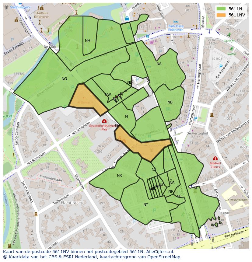 Afbeelding van het postcodegebied 5611 NV op de kaart.