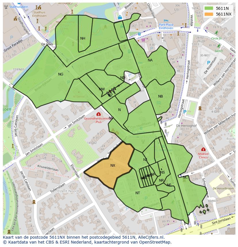 Afbeelding van het postcodegebied 5611 NX op de kaart.