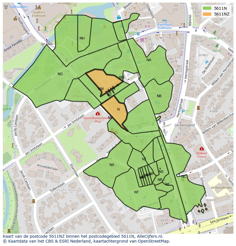 Afbeelding van het postcodegebied 5611 NZ op de kaart.