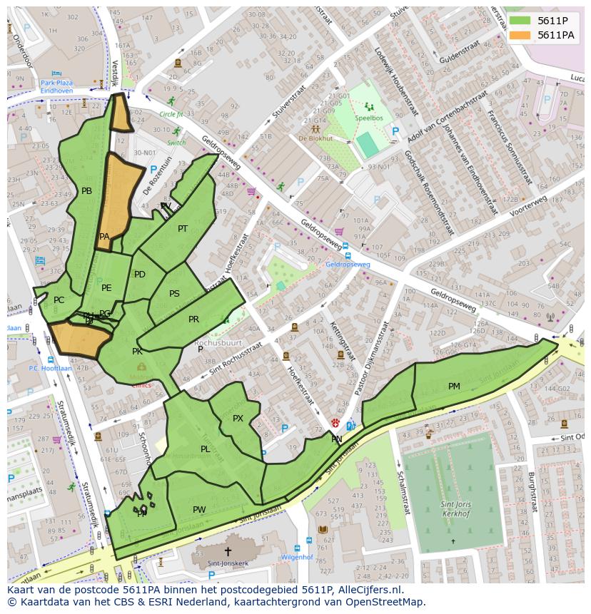 Afbeelding van het postcodegebied 5611 PA op de kaart.