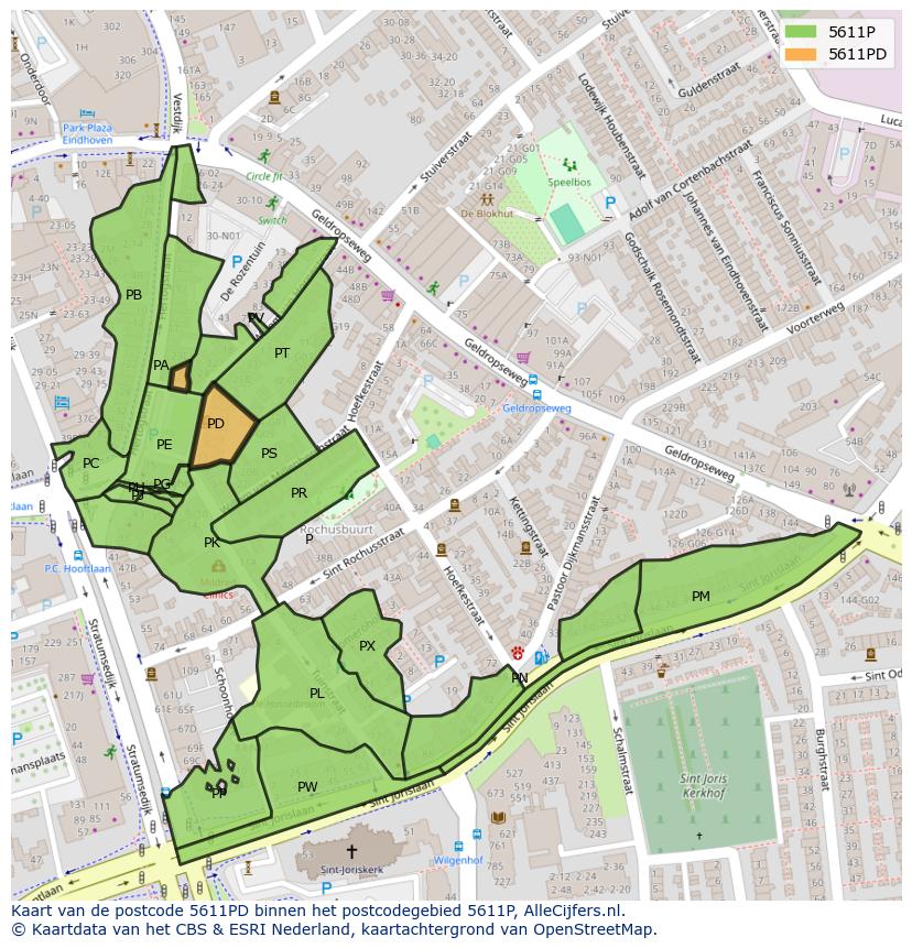 Afbeelding van het postcodegebied 5611 PD op de kaart.