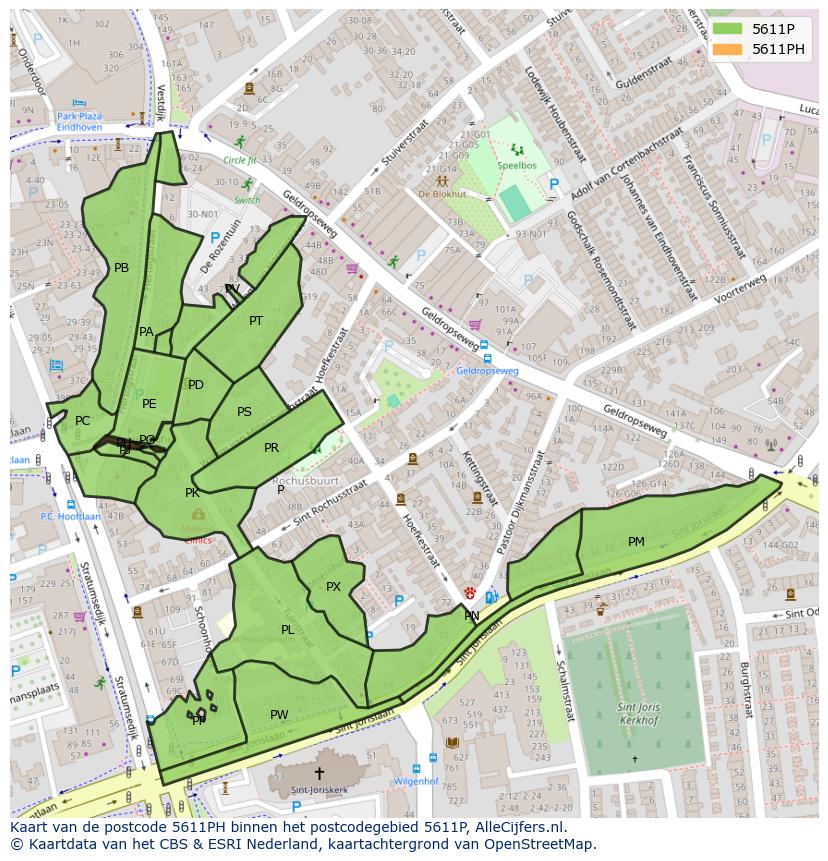 Afbeelding van het postcodegebied 5611 PH op de kaart.