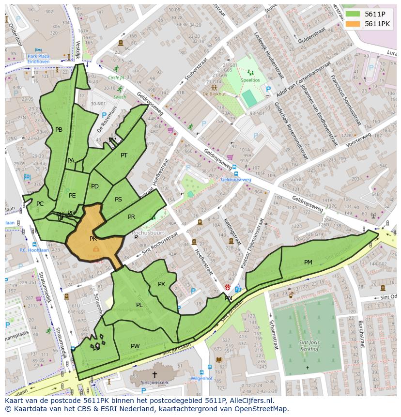 Afbeelding van het postcodegebied 5611 PK op de kaart.