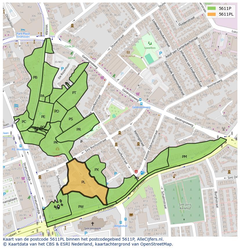 Afbeelding van het postcodegebied 5611 PL op de kaart.