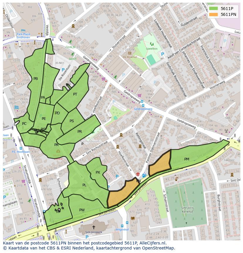 Afbeelding van het postcodegebied 5611 PN op de kaart.