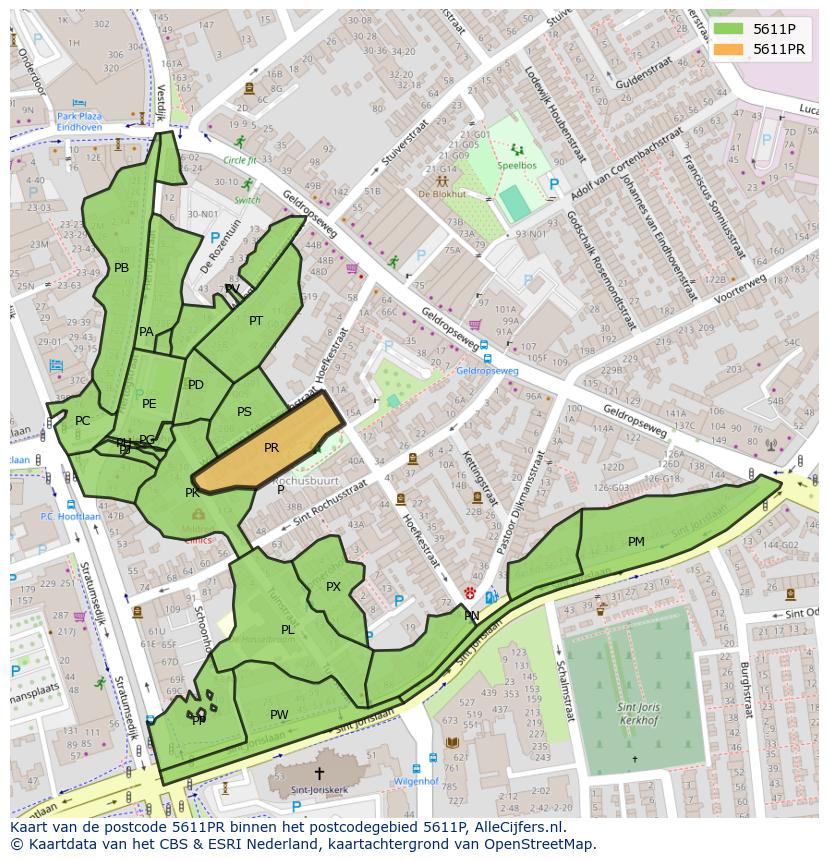 Afbeelding van het postcodegebied 5611 PR op de kaart.