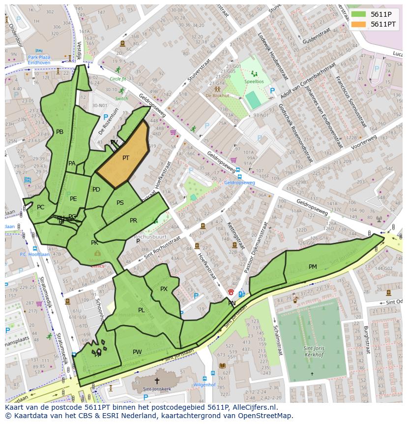 Afbeelding van het postcodegebied 5611 PT op de kaart.
