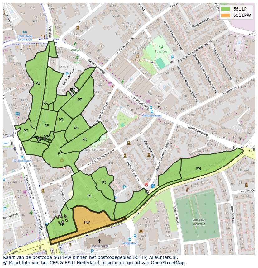 Afbeelding van het postcodegebied 5611 PW op de kaart.