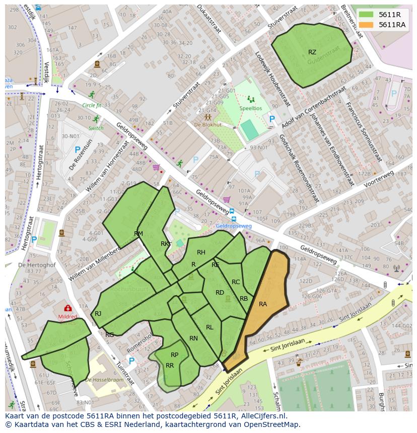 Afbeelding van het postcodegebied 5611 RA op de kaart.