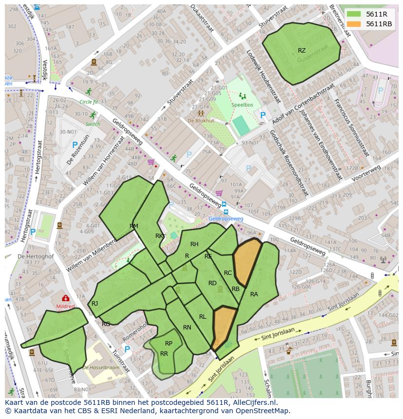 Afbeelding van het postcodegebied 5611 RB op de kaart.