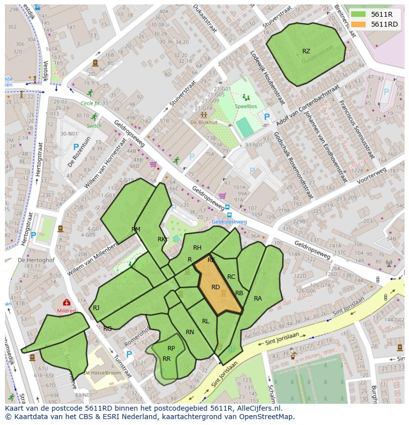 Afbeelding van het postcodegebied 5611 RD op de kaart.