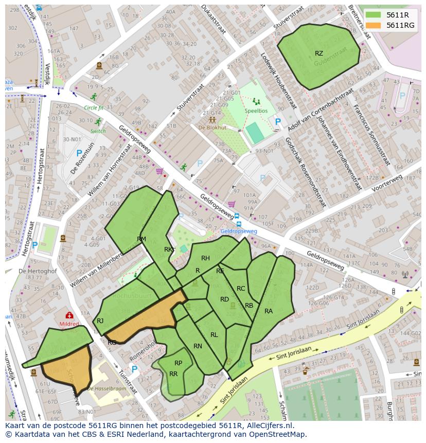 Afbeelding van het postcodegebied 5611 RG op de kaart.