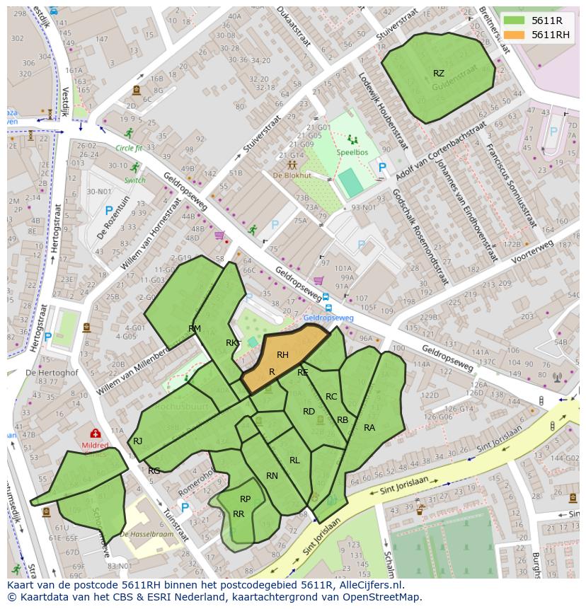 Afbeelding van het postcodegebied 5611 RH op de kaart.