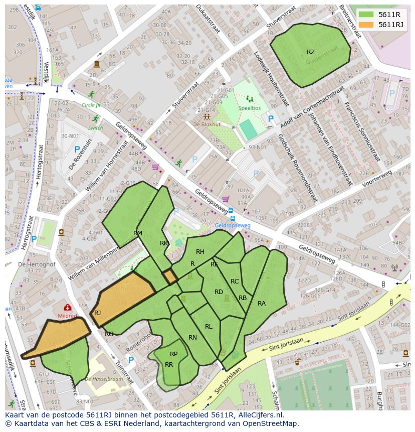 Afbeelding van het postcodegebied 5611 RJ op de kaart.