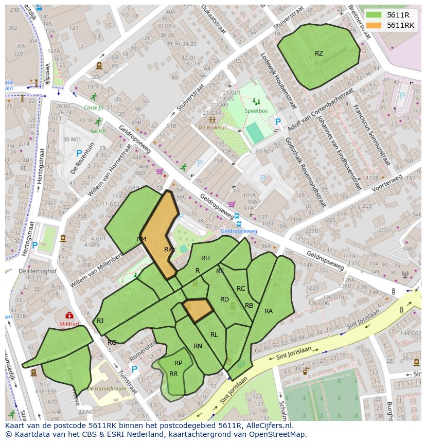 Afbeelding van het postcodegebied 5611 RK op de kaart.