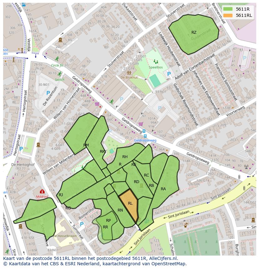Afbeelding van het postcodegebied 5611 RL op de kaart.