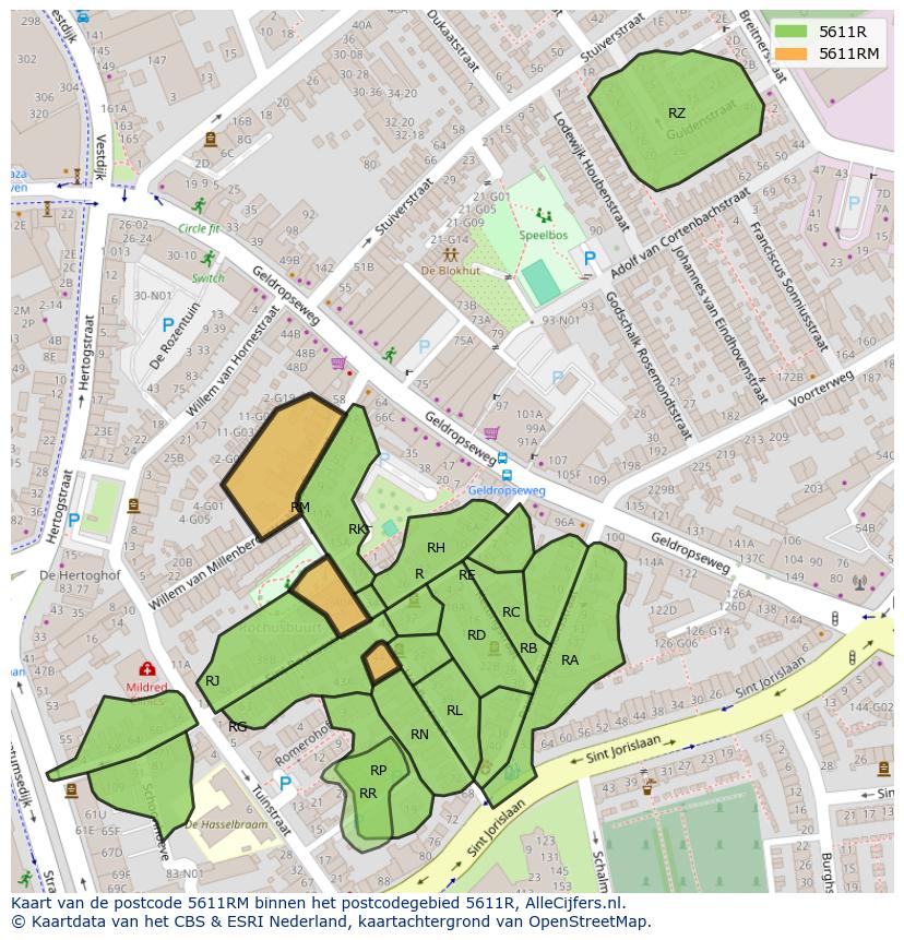 Afbeelding van het postcodegebied 5611 RM op de kaart.