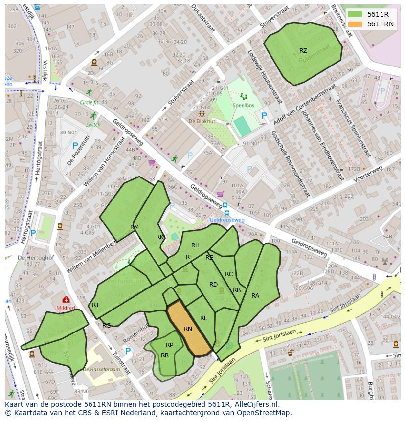 Afbeelding van het postcodegebied 5611 RN op de kaart.