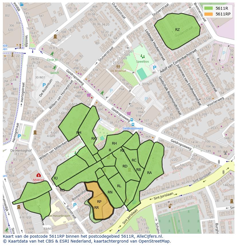 Afbeelding van het postcodegebied 5611 RP op de kaart.