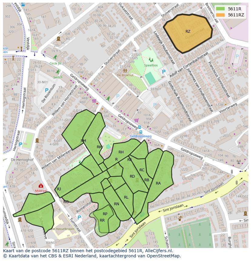 Afbeelding van het postcodegebied 5611 RZ op de kaart.