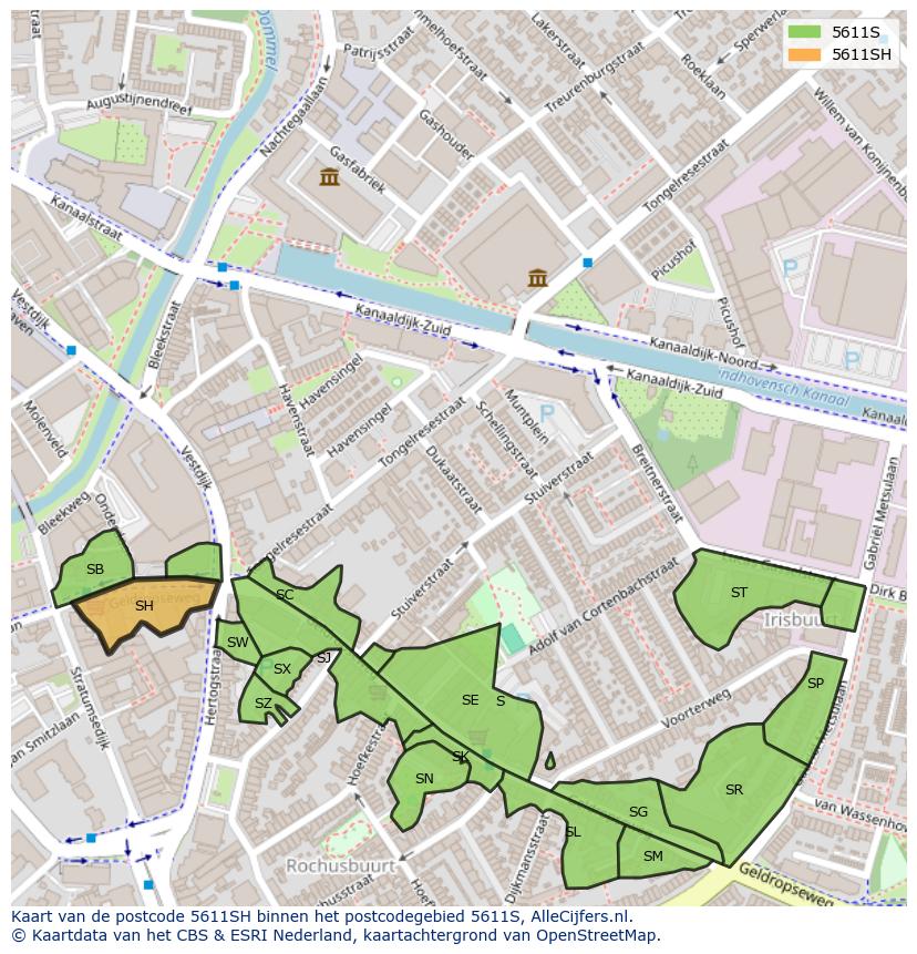 Afbeelding van het postcodegebied 5611 SH op de kaart.