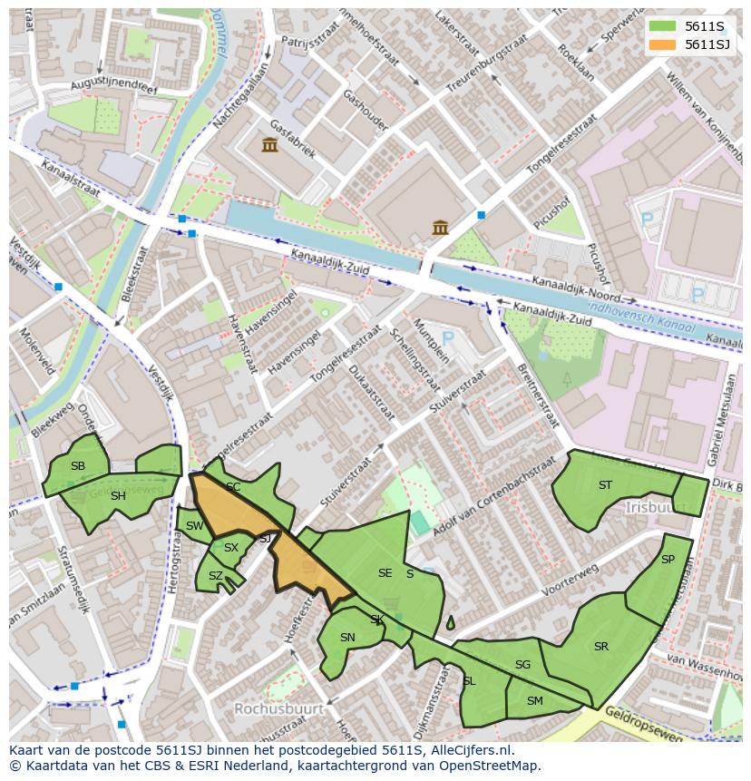Afbeelding van het postcodegebied 5611 SJ op de kaart.