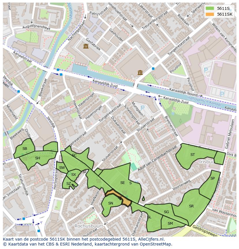 Afbeelding van het postcodegebied 5611 SK op de kaart.