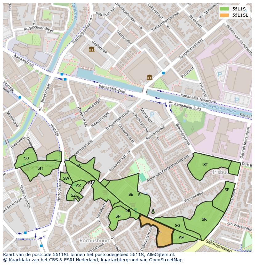 Afbeelding van het postcodegebied 5611 SL op de kaart.