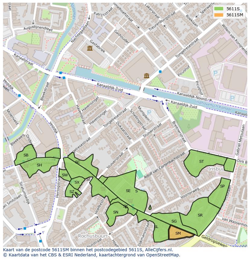 Afbeelding van het postcodegebied 5611 SM op de kaart.