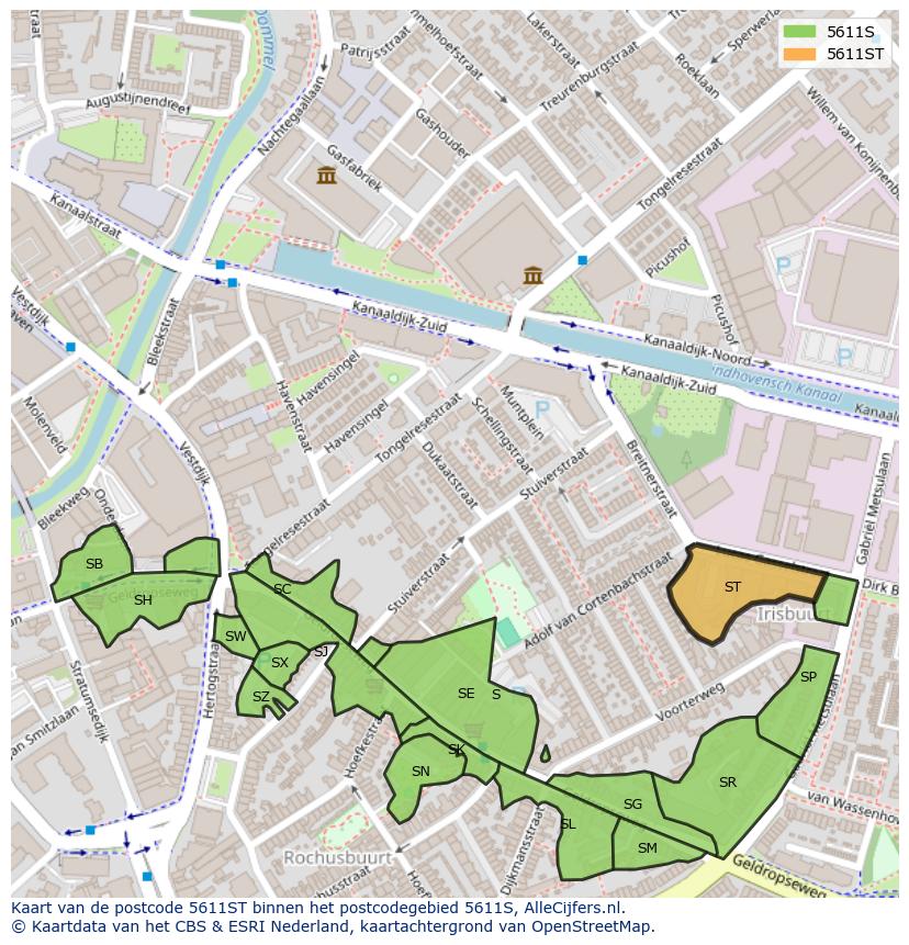 Afbeelding van het postcodegebied 5611 ST op de kaart.