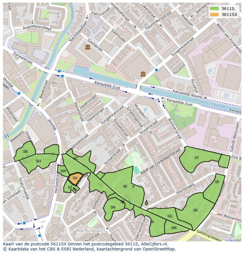 Afbeelding van het postcodegebied 5611 SX op de kaart.