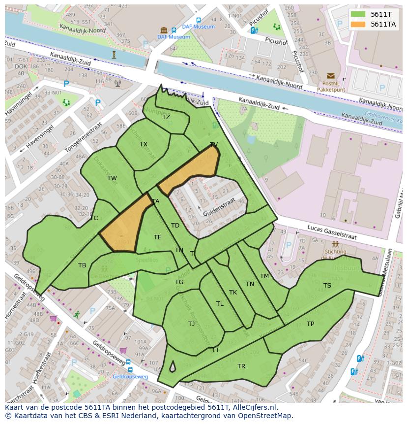 Afbeelding van het postcodegebied 5611 TA op de kaart.