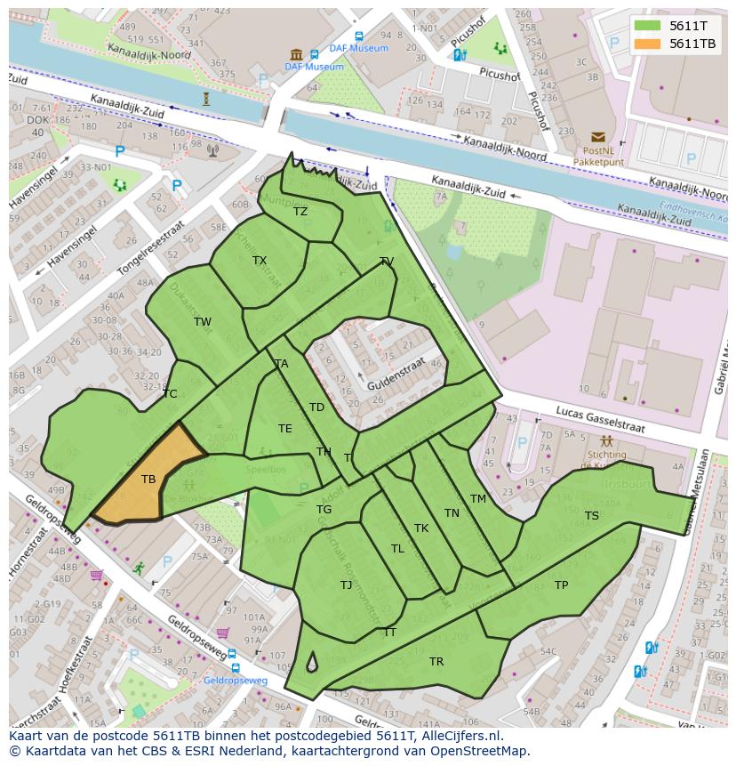 Afbeelding van het postcodegebied 5611 TB op de kaart.