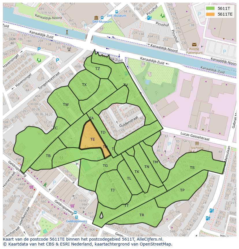 Afbeelding van het postcodegebied 5611 TE op de kaart.