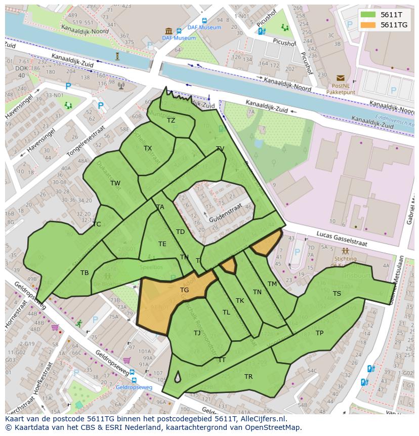 Afbeelding van het postcodegebied 5611 TG op de kaart.