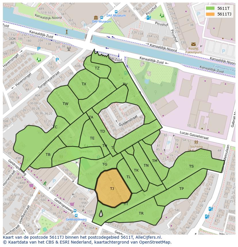 Afbeelding van het postcodegebied 5611 TJ op de kaart.