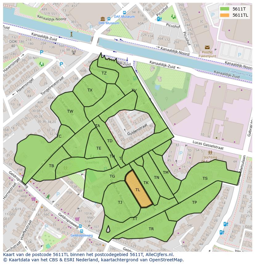 Afbeelding van het postcodegebied 5611 TL op de kaart.