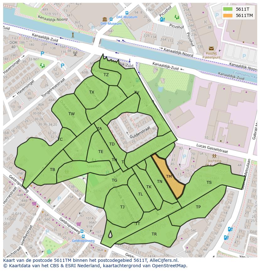 Afbeelding van het postcodegebied 5611 TM op de kaart.