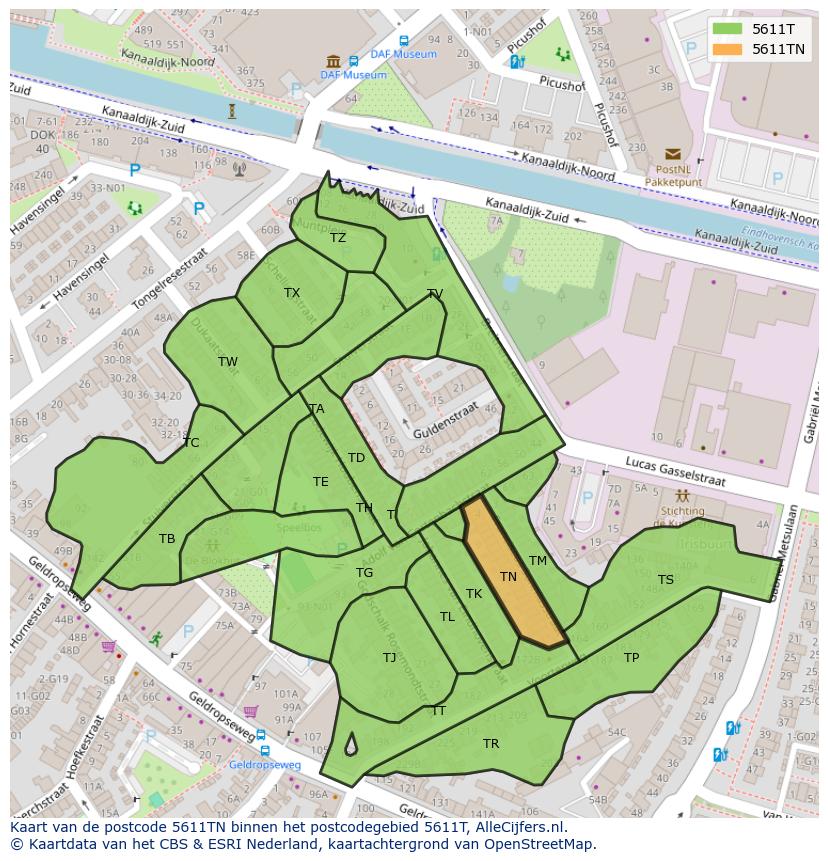 Afbeelding van het postcodegebied 5611 TN op de kaart.