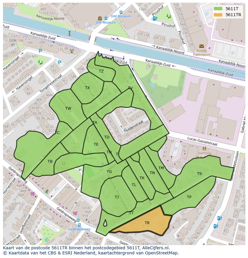 Afbeelding van het postcodegebied 5611 TR op de kaart.