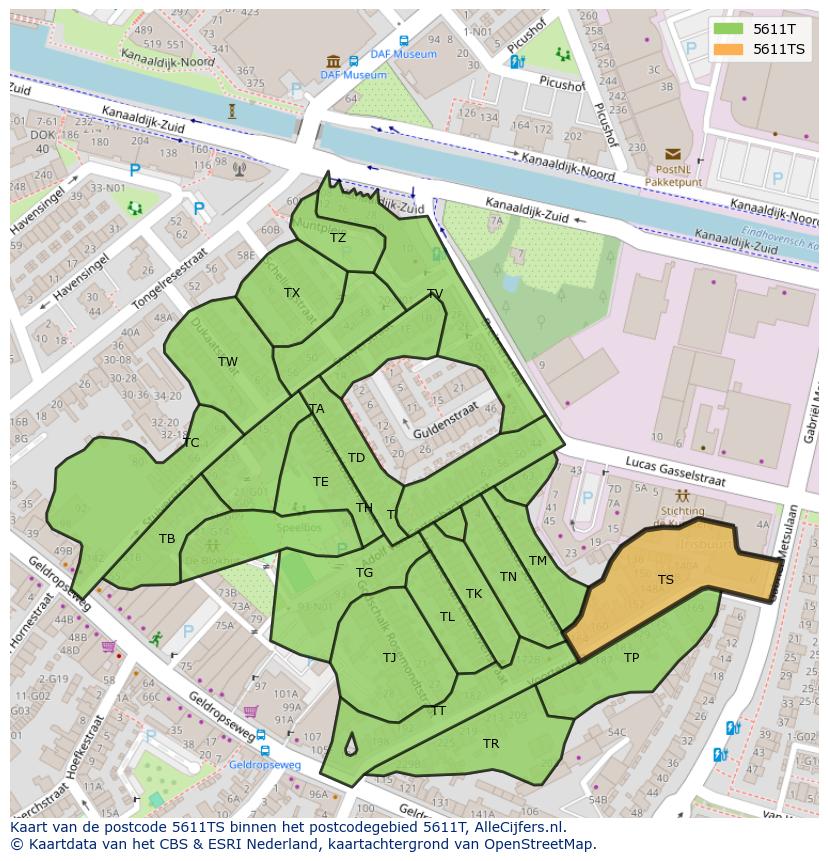 Afbeelding van het postcodegebied 5611 TS op de kaart.